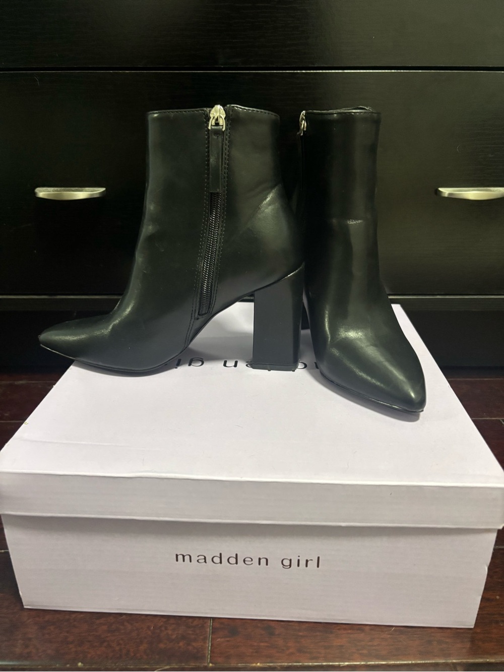 Madden Girl Fraction Black Pointed Toe Block Heel Ankle Boots